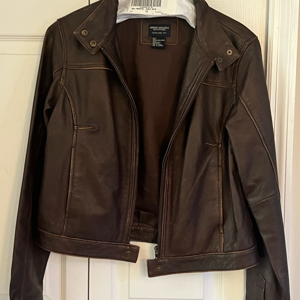 American Eagle Outfitters Brown Leather Jacket Classic Motorcycle Style